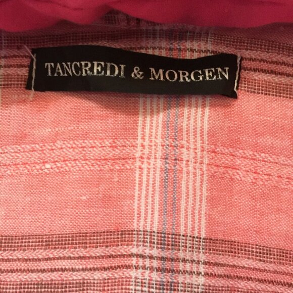 Tancredi & Morgen Women's Large Split Neck 2/4 Sleeve Pink Plaid Linen Tunic Top - Picture 3 of 6